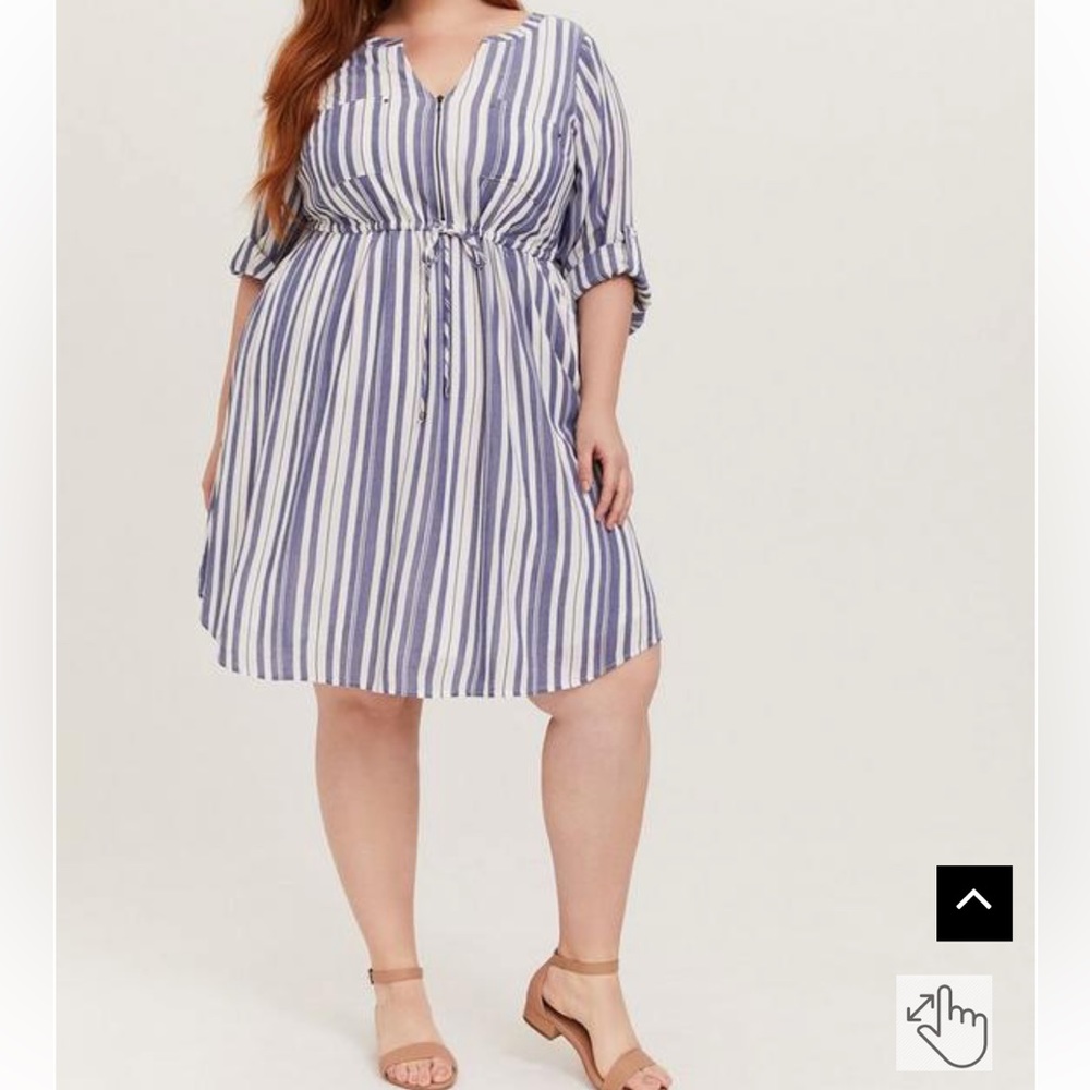 Blue & White Stripe Zip Front Drawstring Shirt Dress